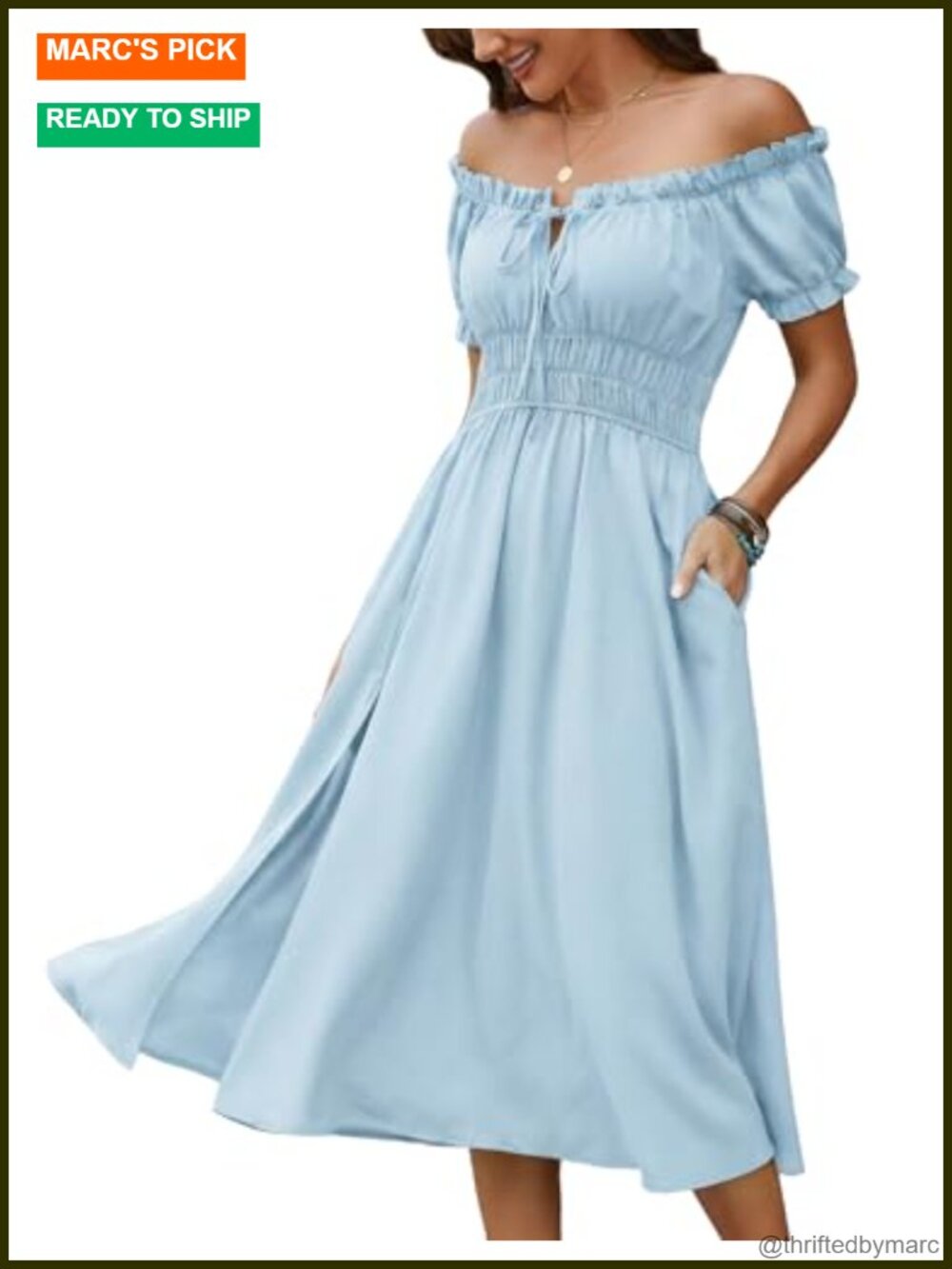 Off Shoulder Midi Dress with Slit Smocked High Waist Slimming Summer Boho